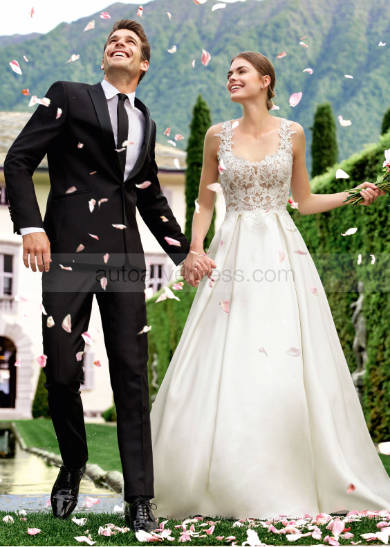 Illusion Bodice Beaded Ivory Lace Mikado Wedding Dress With Pockets